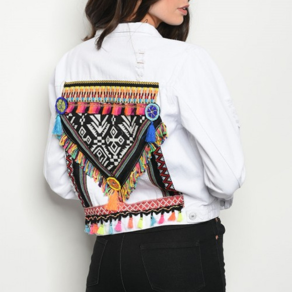 . Jackets & Blazers - ❤LAST 1❤WHITE DENIM JACKET EMBROIDERY & TASSELS